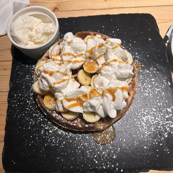 Saffrano Crepes - Dulce de leche, banana, whipped cream and ice cream waffle.  Buenos Aires Crepe - Creperies Near Me - Plantation, Florida