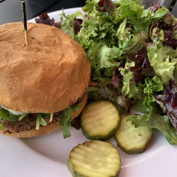 The Lowbrow - Turkey burger with side house salad and pickles - Burgers Near Me - Minneapolis, Minnesota The Lowbrow - Turkey burger with side house salad and pickles - Burgers Near Me - Minneapolis, Minnesota