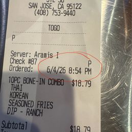 Receipt being put in and rang up at time of arrival, not time of the phone call