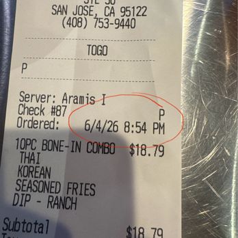 Fire Wings - Receipt being put in and rang up at time of arrival, not time of the phone call - Chicken Wings Near Me - San Jose, California Fire Wings - Receipt being put in and rang up at time of arrival, not time of the phone call - Chicken Wings Near Me - San Jose, California