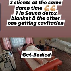 Get-Bodied - Left side body cavitation and right side sauna Infrared detox blanket.