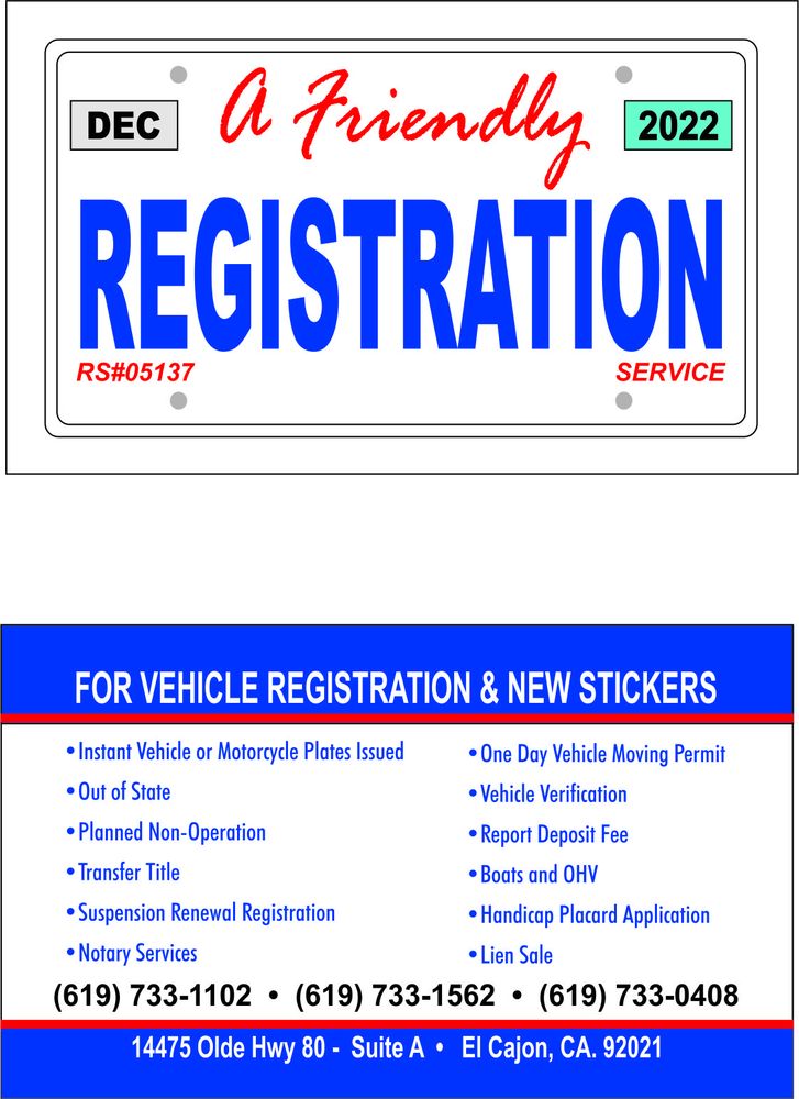 A FRIENDLY REGISTRATION SERVICE Updated September 2024 14475 Olde Hwy 80, El Cajon