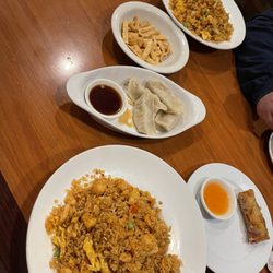 Chicken Fried Rice, Egg roll, egg drop soup & steamed pot stickers.