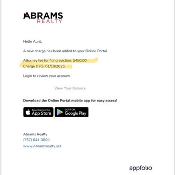 Abrahms Realty - Unearned attorney fees for filing eviction never filed and charged WITHIN 5 day cure period or pay or quit notice 1/6/2025 - Real Estate Services Near Me - Virginia Beach, Virginia