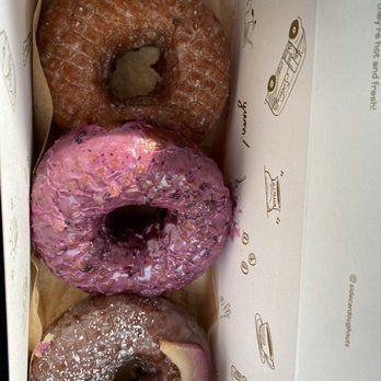Sidecar Doughnuts & Coffee - Butter and Salt, Huckleberry, and poached pear and gingerbread - Donuts Near Me - Costa Mesa, California
