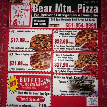 Bear Mountain Pizza - a menu for a bear mountain pizza - Pizza Near Me - Arvin, California Bear Mountain Pizza - a menu for a bear mountain pizza - Pizza Near Me - Arvin, California