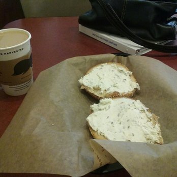 Einstein Bros. Bagels - Toasted sesame bagel with onion-chive cc, Buttery Caramel coffee, while working on homeless's plight in Washington Landing. - Bagels Near Me - Pittsburgh, Pennsylvania