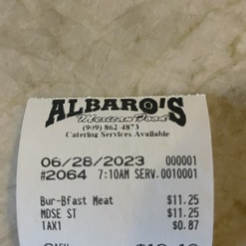 Albaro's - the receipt for the restaurant - Mexican Near Me - Highland, California
