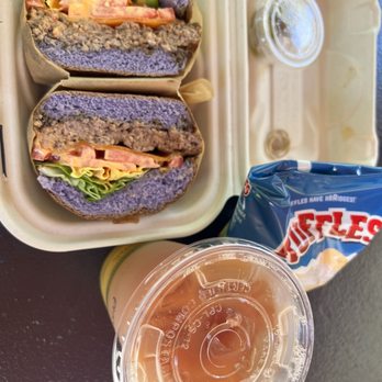 Kakaako Cafe - Hamburger steak with tomatoes, cheese, lettuce, and ube buns! - Coffee & Tea Near Me - Honolulu, Hawaii