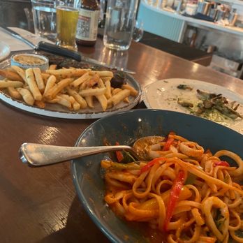Marina - Steak frites with fries. Shrimp Arrabiata (squid & shrimp pasta) - Italian Near Me - Pasadena, California
