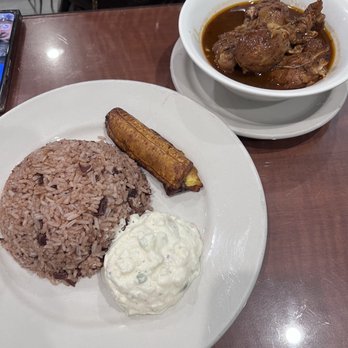 The Blue Hole Restaurant Belizean Caribbean Cuisine - Chicken stew with rice, potato salad and plantains - Caribbean Near Me - Gardena, California