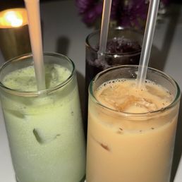 matcha latte, chai latte, hibiscus tea matcha latte, chai latte, hibiscus tea
