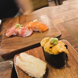 Uchi Houston - Hokkaido scallop nigiri, hokkaido uni nigiri, bluefin toro nigiri, salmon belly nigiri