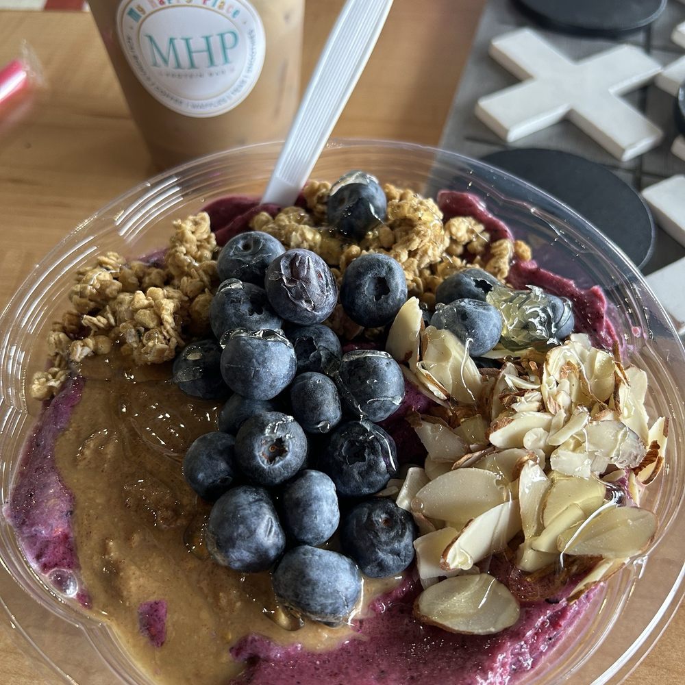 My Happy Place - Açaí bowl with Granola, PB, Almonds,Berries, and delicious honey. - Juice Bars & Smoothies Near Me - Fairfield, California My Happy Place - Açaí bowl with Granola, PB, Almonds,Berries, and delicious honey. - Juice Bars & Smoothies Near Me - Fairfield, California