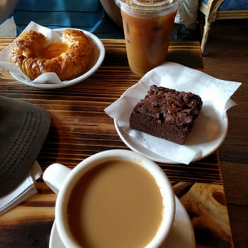 Red Pipes Cafe - Peach pastry, chocolatey brownie, iced cold brew coffee, and hot coffee with milk! - Coffee & Tea Near Me - Forest Hills, New York Red Pipes Cafe - Peach pastry, chocolatey brownie, iced cold brew coffee, and hot coffee with milk! - Coffee & Tea Near Me - Forest Hills, New York