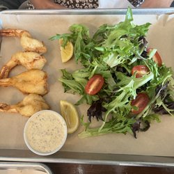 Cace's Kitchen - Shrimp in shorts with side salad.