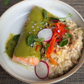 Cotton & Rye - Market Fish: Salmon with peanut risotto - New American Near Me - Savannah, Georgia Cotton & Rye - Market Fish: Salmon with peanut risotto - New American Near Me - Savannah, Georgia