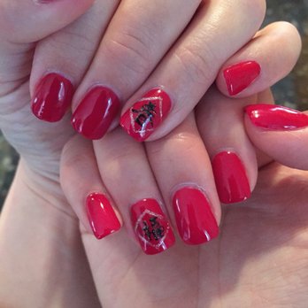 Green Brook Nails - LCN gel over natural nails with gel polish OPI Red and designs on ring fingers...chinese "fortune/prosperity" on rt & "spring (season)" lt - Nail Salons Near Me - Green Brook, New Jersey