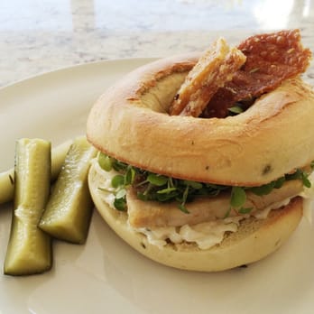Nana & Da's - Pork belly bagel, with goats curd, and pickles. - Restaurants Near Me - Brisbane, QLD Nana & Da's - Pork belly bagel, with goats curd, and pickles. - Restaurants Near Me - Brisbane, QLD
