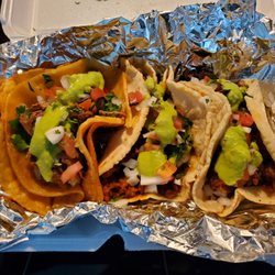 Tacos Don Juan - 3 tacos (after I put the toppings and sauce on it): chorizo, carnitas, birria