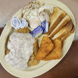 Fleig's Cafe - Breakfast Plate Country Fried Steak, Hashbrowns, Overeasy Eggs, toast