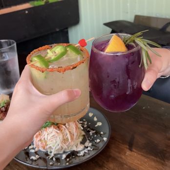 Jin Ramen - Hamilton Heights - spicy yuzu (left) butterfly pea tonic (right) - Ramen Near Me - New York, New York Jin Ramen - Hamilton Heights - spicy yuzu (left) butterfly pea tonic (right) - Ramen Near Me - New York, New York