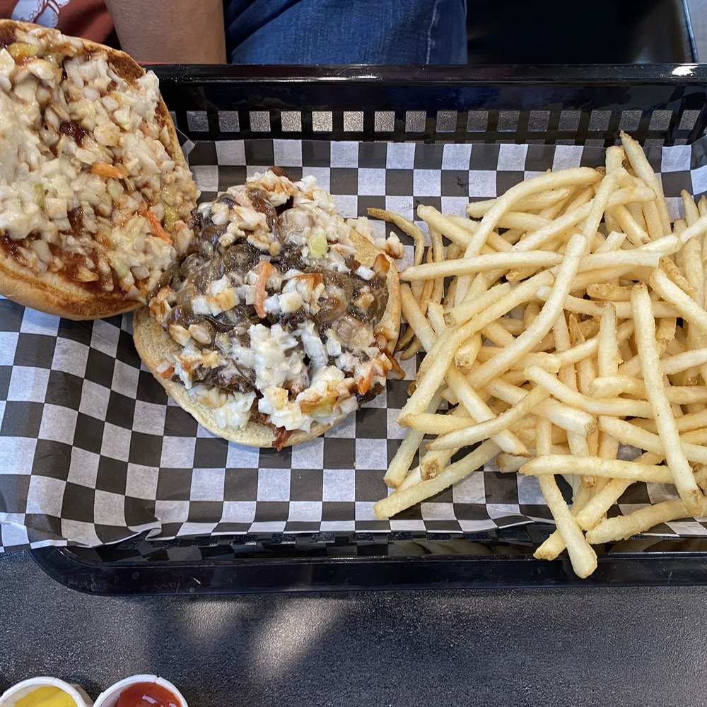 66 To Go - Pulled pork sandwich with French fries. April, 2024. - Burgers Near Me - Elk City, Oklahoma