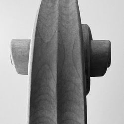 Jim Clinton Violins and Luthier - Back of cello scroll in black and white. Jim Clinton's 2023 interpretation of the 1865 J B Vuillaume cello.