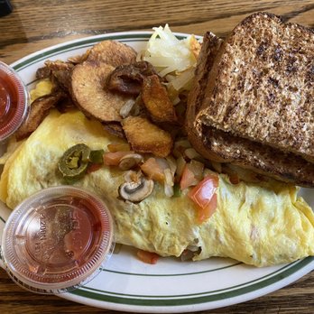 Cottage Cafe - Vegetarian omelette with added jalapeños and salsa with half cottage fries and half hash browns. - Breakfast & Brunch Near Me - Spokane Valley, Washington Cottage Cafe - Vegetarian omelette with added jalapeños and salsa with half cottage fries and half hash browns. - Breakfast & Brunch Near Me - Spokane Valley, Washington