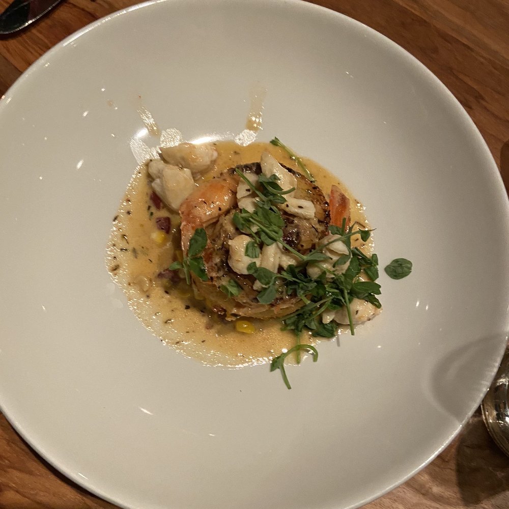 SILO Alamo Heights - BLACKENED GULF SHRIMP & CRAB Fried Green Tomatoes, Roasted Corn, Roasted Peppers, Creole Pan Sauce - New American Near Me - San Antonio, Texas