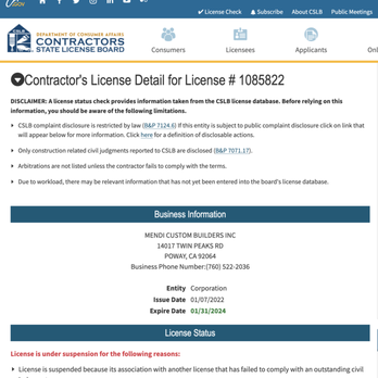Mendi Custom Builders - Mendi Custom Builders license is now suspended, as it should have been a long time ago. - General Contractors Near Me - San Diego, California Mendi Custom Builders - Mendi Custom Builders license is now suspended, as it should have been a long time ago. - General Contractors Near Me - San Diego, California