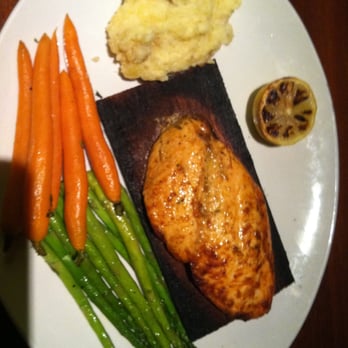 Seasons 52 - cedar plank salmon, with a substitute of garlic mashed potatoes instead of the roasted potatoes. you should do this. - New American Near Me - Costa Mesa, California Seasons 52 - cedar plank salmon, with a substitute of garlic mashed potatoes instead of the roasted potatoes. you should do this. - New American Near Me - Costa Mesa, California