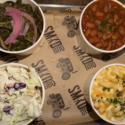 Sides: Collard Greens, Beans, Cole Slaw, and Mac n Cheese