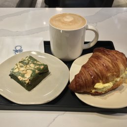 Egg Salad Croissant Sandwich, Matcha Brownie, Roasted Sweet Potato Latte Egg Salad Croissant Sandwich, Matcha Brownie, Roasted Sweet Potato Latte