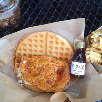 Bruxie - Buttermilk Fried Chicken and Waffle with Waffle Cut Fries and Old Fashioned Soda. - Sandwiches Near Me - Orange, California