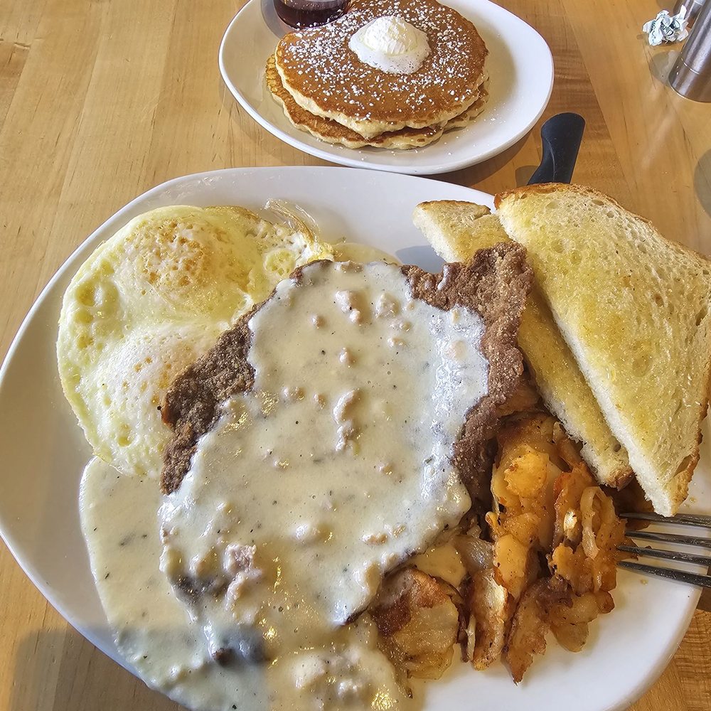 Sunshine Breakfast Bar - Chicken fried steak. Eggs over medium. Country potatoes. Sourdough toast and a side of pancakes. - Breakfast & Brunch Near Me - Phoenix, Arizona Sunshine Breakfast Bar - Chicken fried steak. Eggs over medium. Country potatoes. Sourdough toast and a side of pancakes. - Breakfast & Brunch Near Me - Phoenix, Arizona