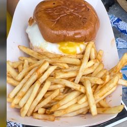 LAIdeal Burgers - AL Pastor burger with cheese and egg, Parmesan garlic fries