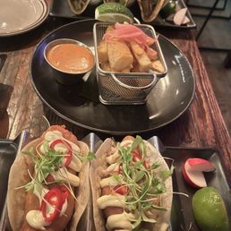 Yuca Frita, Fish tacos and Carnitas tacos