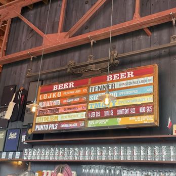 Notch Brewing - A colorful beer menu board at a brewery lists Czech and German lagers, pilsners, and dark beers, with prices and alcohol content. - Breweries Near Me - Salem, Massachusetts