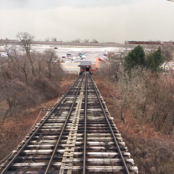 Duquesne Incline - The incline tracks down to the lower station (parking lot can be seen in the background) - Landmarks & Historical Buildings Near Me - Pittsburgh, Pennsylvania