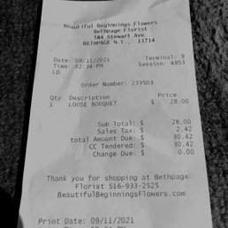 receipt for payment of bouquet of flowers