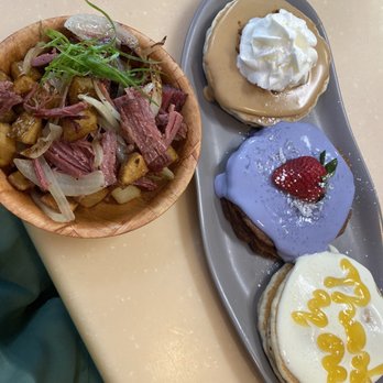 My Cafe - Flight of Pancakes & side corn beef hash - Breakfast & Brunch Near Me - Kapolei, Hawaii