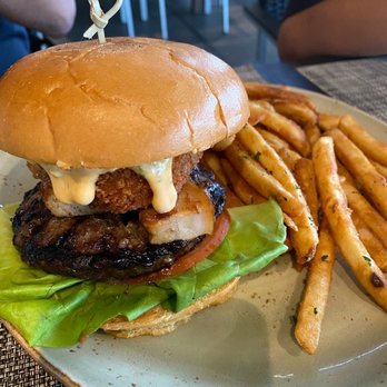 The Rooftop by STK - Monster burger with fries. Burger is meaty and juicy. Fries are super crunchy. - Lounges Near Me - San Diego, California