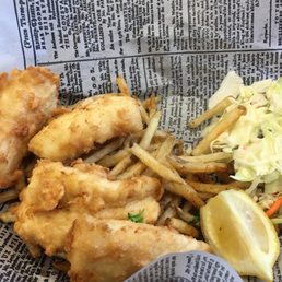 Halibut fish and chips.. tasty.. but too pricey for what it was plus paired with bad customer service Halibut fish and chips.. tasty.. but too pricey for what it was plus paired with bad customer service