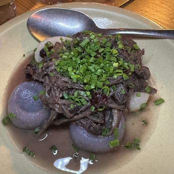 Anelya - halushki: braised short rib and gnocchi type of dough - Ukrainian Near Me - Chicago, Illinois
