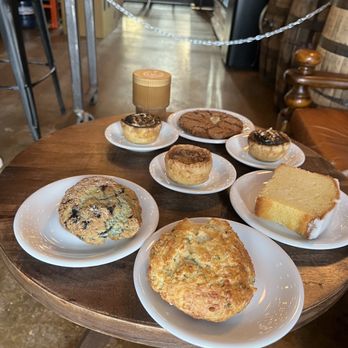 Back Road Coffee Roasters - All 3 butter tarts (pecan, s'mores, and regular), ginger snap cookie, blueberry scone, cheddar/chive scone, and ducle latte - Coffee Roasteries Near Me - Mississauga, Ontario