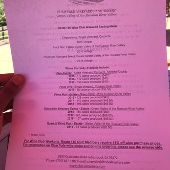 Char Vale - Tasting menu - Wineries Near Me - Sebastopol, California