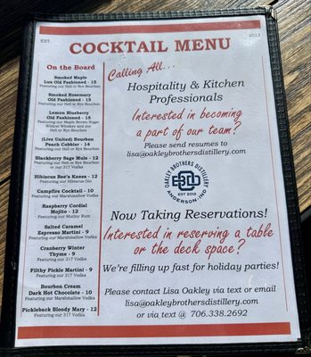 Menu photo 1 Oakley Brothers Distillery Anderson, IN