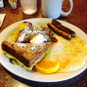 Cafe Cup - Raisin French toast combo with sausage and eggs. $5.95 - Breakfast & Brunch Near Me - Huntington Beach, California