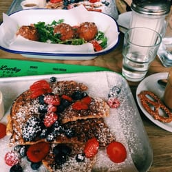 Lucky Fox - Waffles & fruit, plus the infamous fried mac & cheese balls.